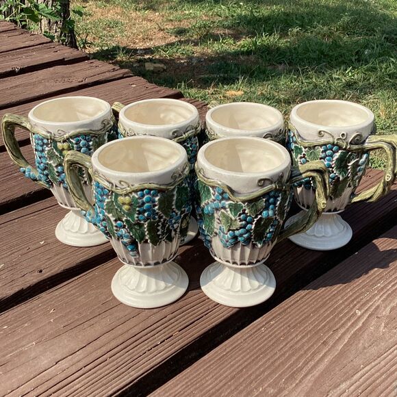Arnel’s Majolica-Style Grape Pedestal Mugs Set of‎ 6, Vintage USA - Picture 1 of 6
